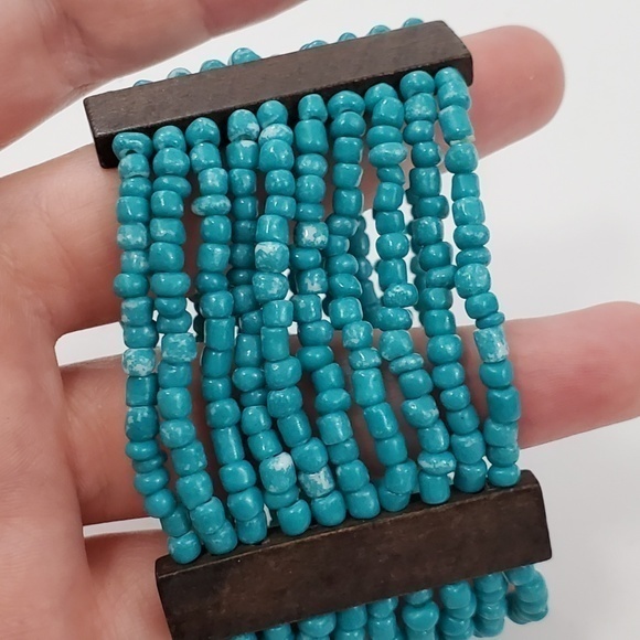 Faux Turquoise Beaded Bracelet Wood Brown Southwes - Picture 5 of 8